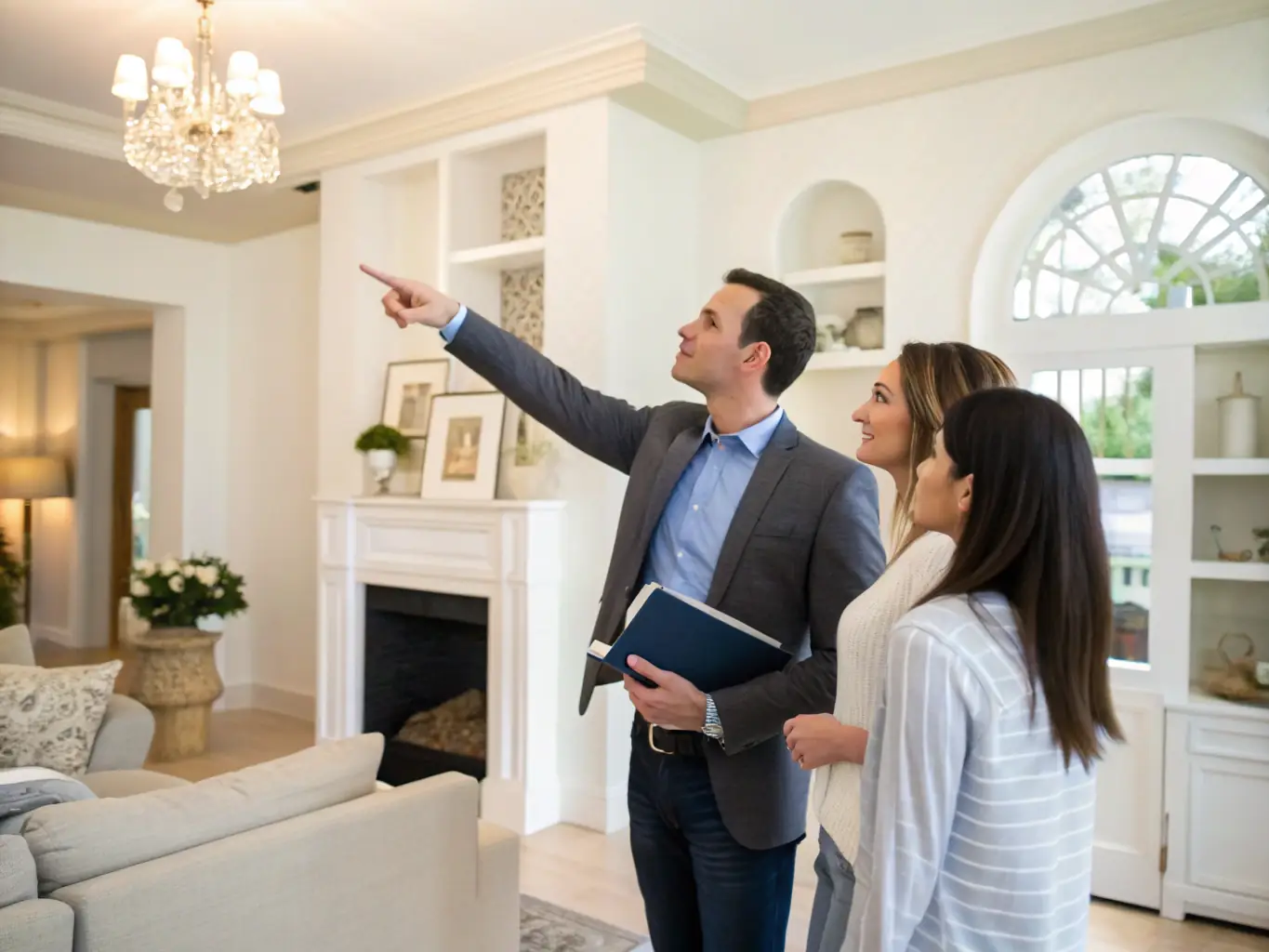 A group of potential buyers are touring a property with a real estate agent, inspecting the features and layout of the house.
