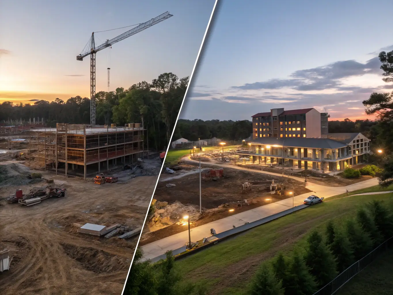A time-lapse photograph showing the construction of a GROVANCE BUILDCON project from groundbreaking to completion. The image should emphasize the efficiency, organization, and timely progress of the construction process.