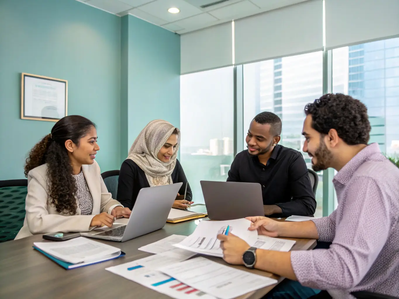 A photograph of a diverse group of people happily signing a real estate contract in a well-lit, modern office. The atmosphere should convey trust, transparency, and satisfaction.